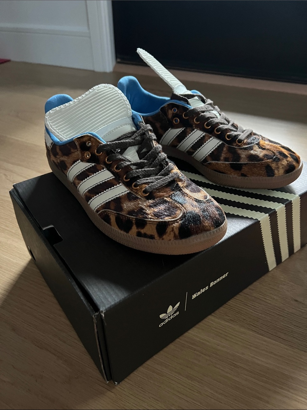 Adidas Wales Bonner sambas — Leopard Print with White Stripes and Blue Lining